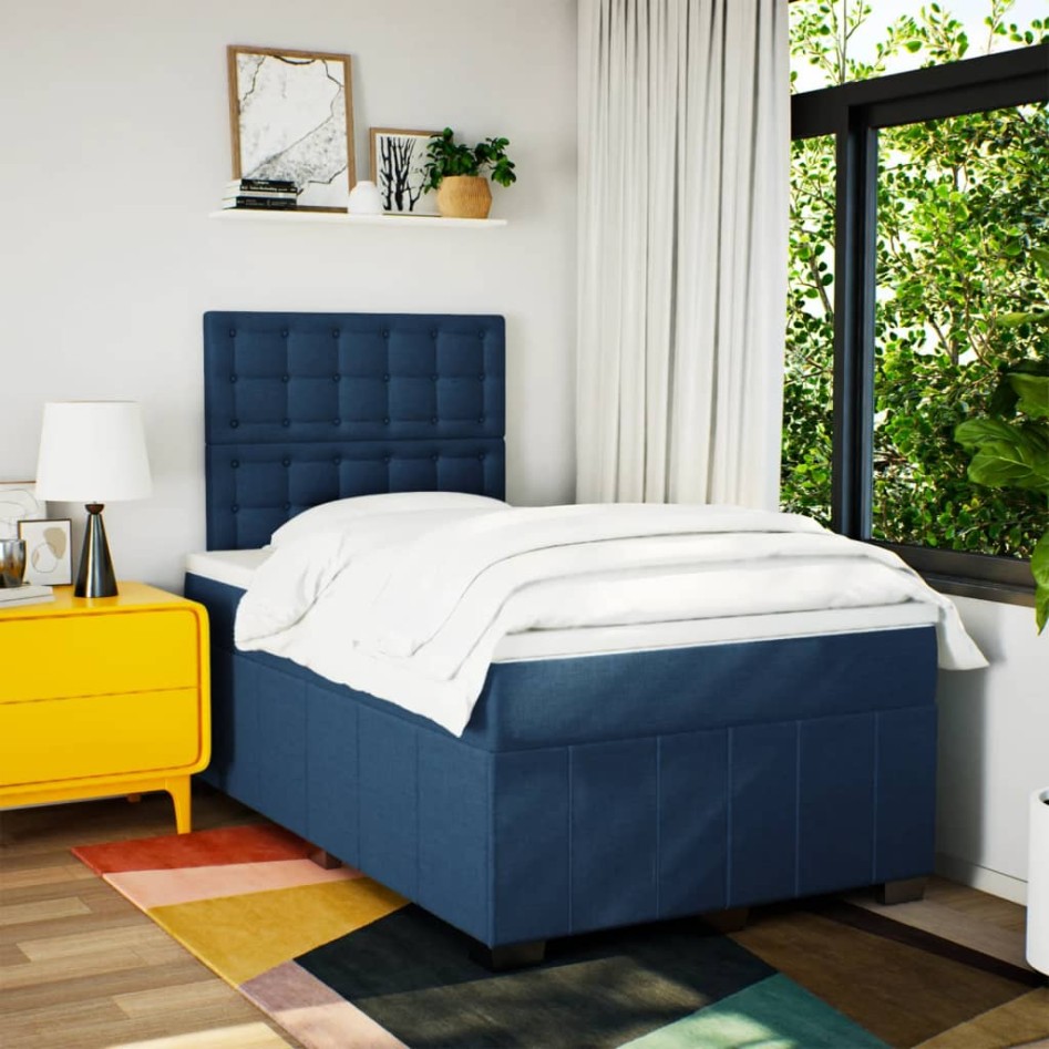 Cama box spring con colchón tela azul 120x190