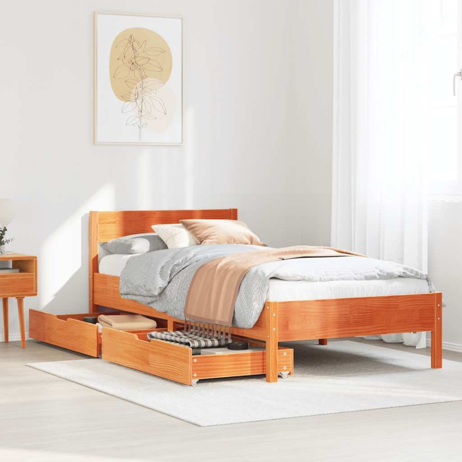 Cama sin colchón madera maciza de pino marrón cera 100x200