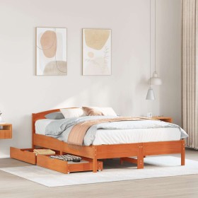 Cama sin colchón madera maciza pino marrón cera 150x200