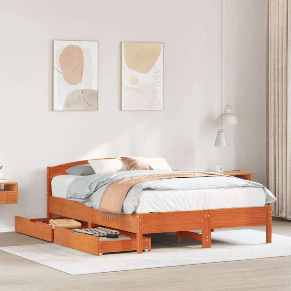 Cama sin colchón madera maciza pino marrón cera 150x200