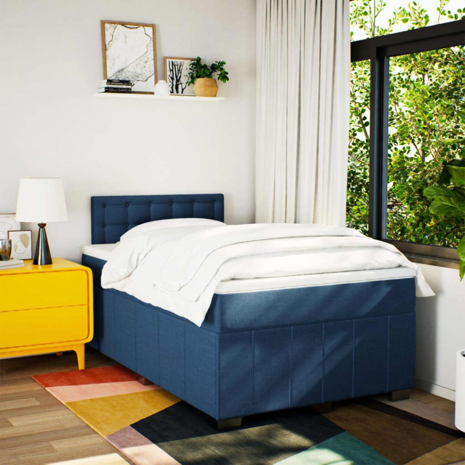 Cama box spring con colchón tela azul 120x190