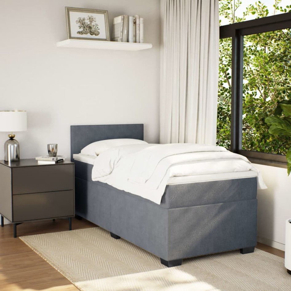 Cama box spring individual con colchón terciopelo gris