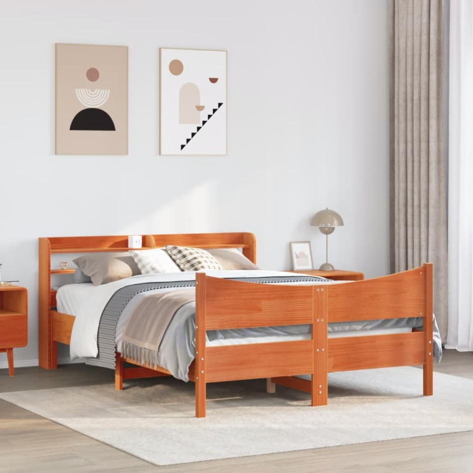 Estructura cama con cabecero madera pino marrón cera 120x190