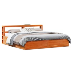 Estructura cama con cabecero madera pino marrón cera 200x200