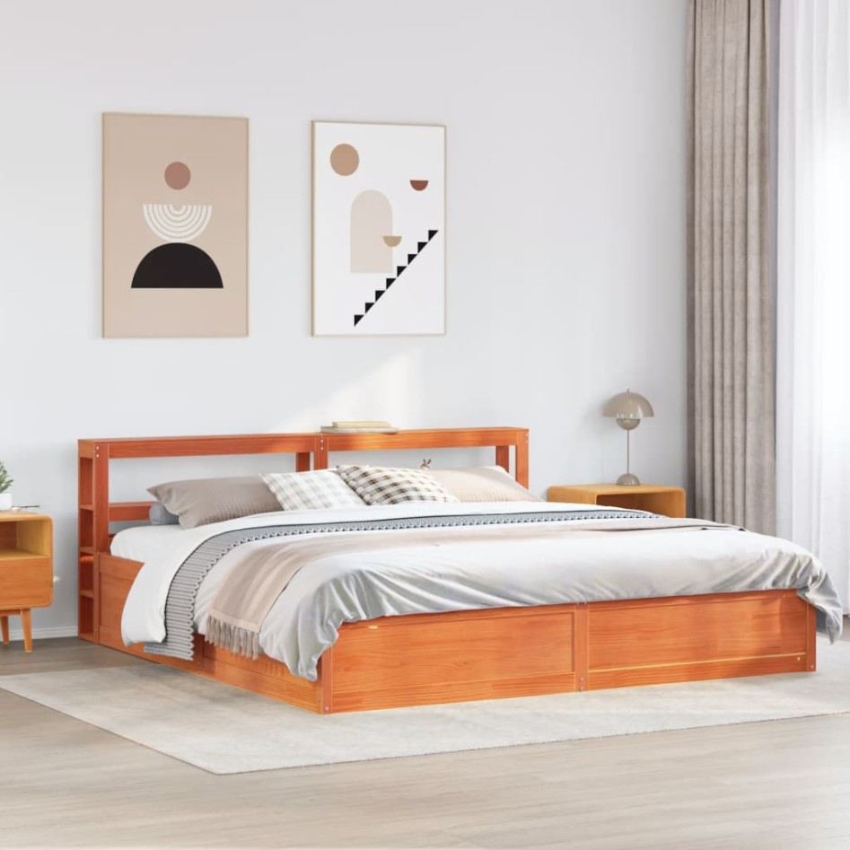 Estructura cama con cabecero madera pino marrón cera 200x200