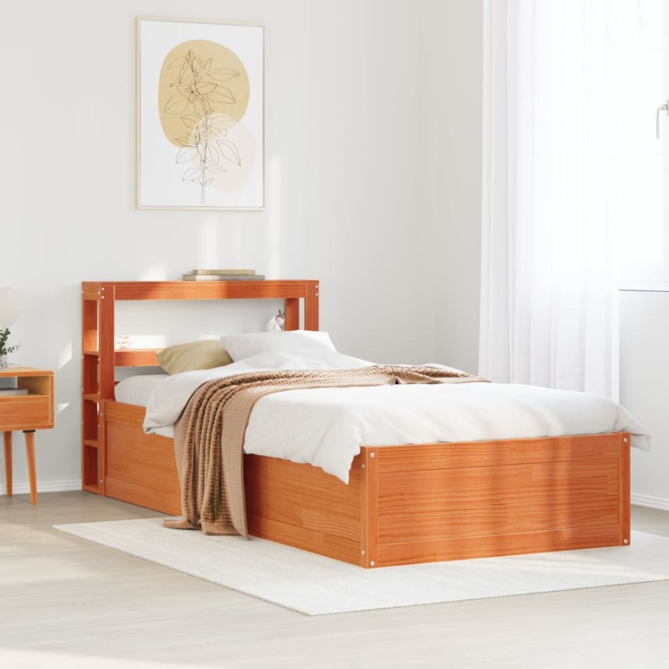 Estructura cama con cabecero madera pino marrón cera 90x200