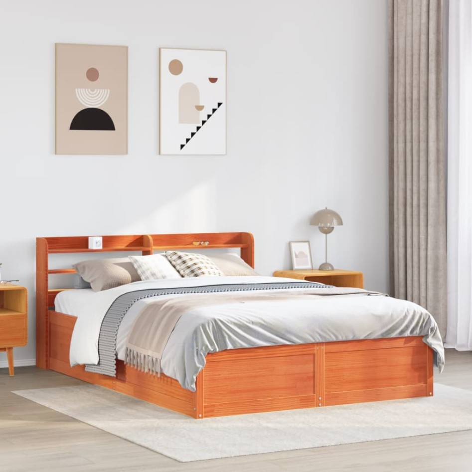 Estructura cama con cabecero madera pino marrón cera 140x200