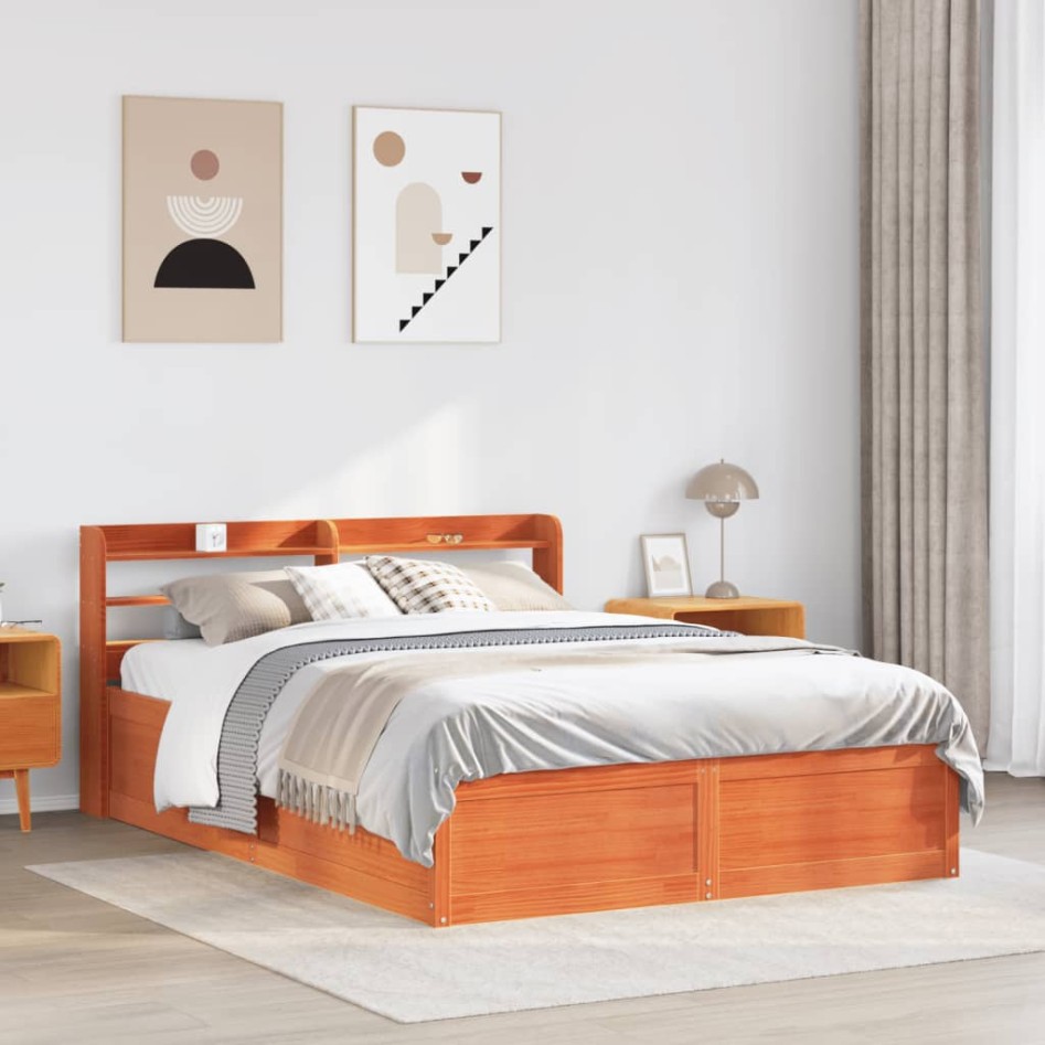 Estructura cama con cabecero madera pino marrón cera 135x190