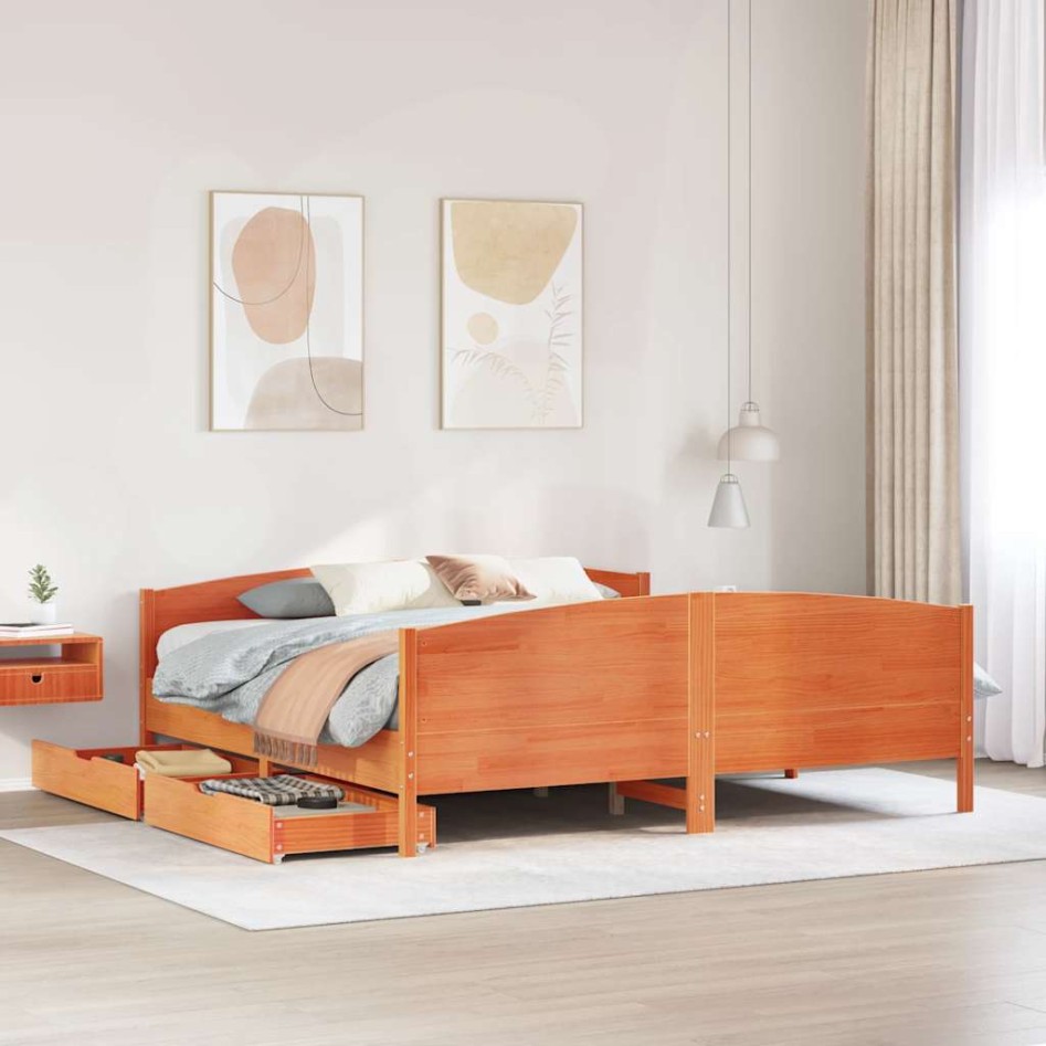 Cama sin colchón madera maciza de pino marrón cera 180x200