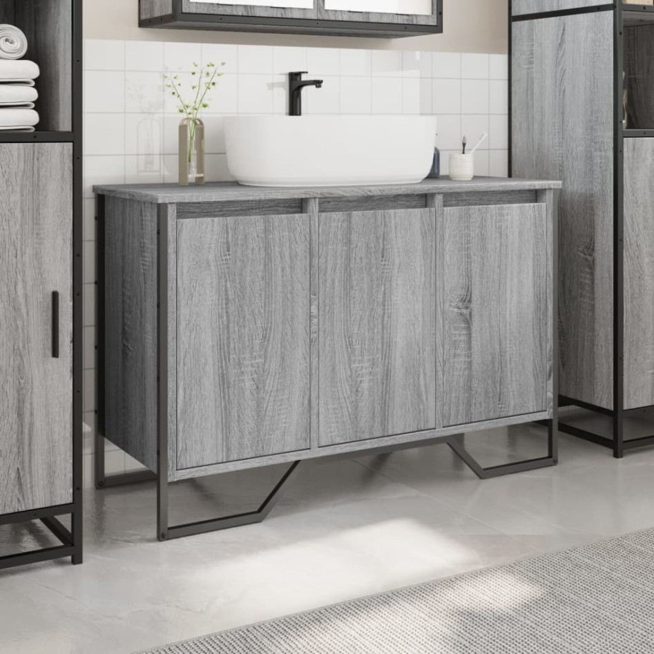 Armario lavabo baño madera ingeniería gris Sonoma 91x35x60