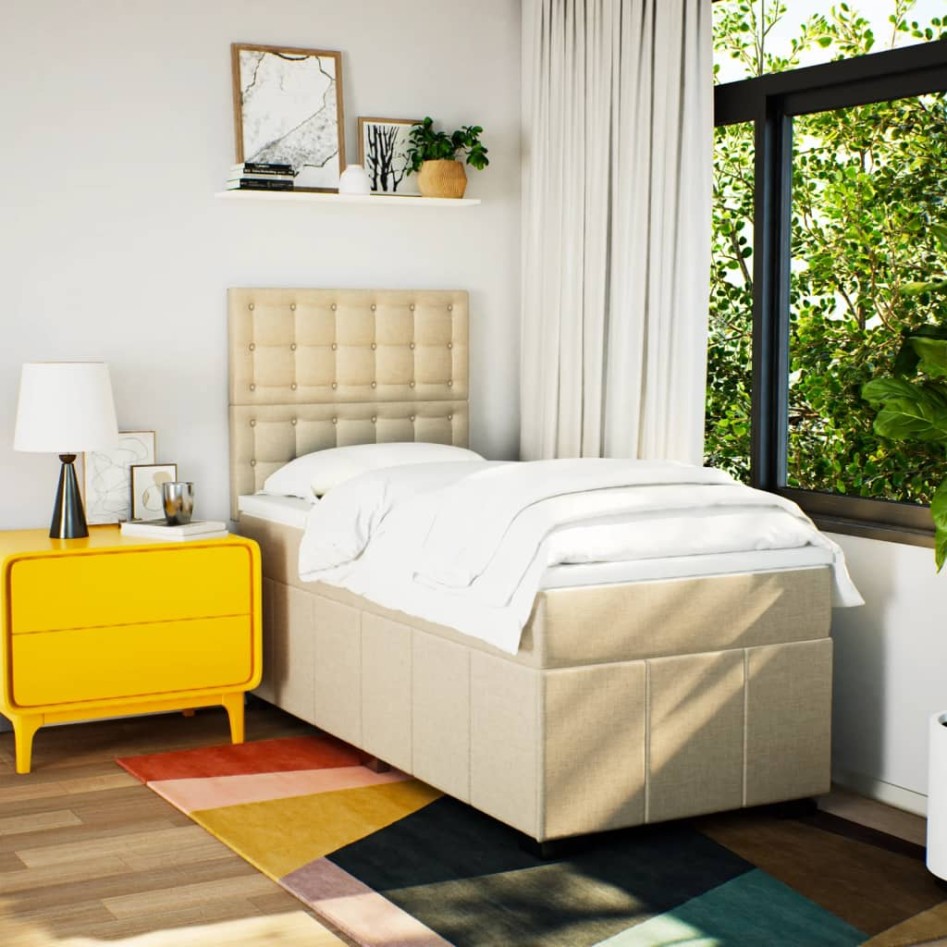 Cama box spring con colchón tela color crema 80x200