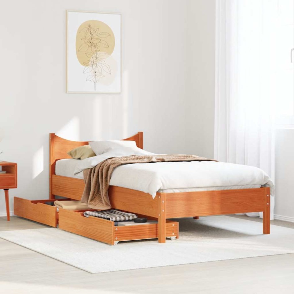Estructura cama con cajones madera maciza pino marrón 90x200