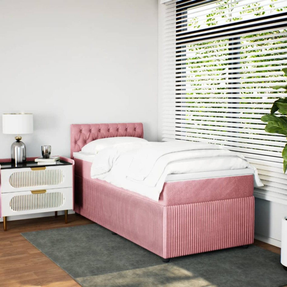 Cama box spring con colchón terciopelo rosa 90x190