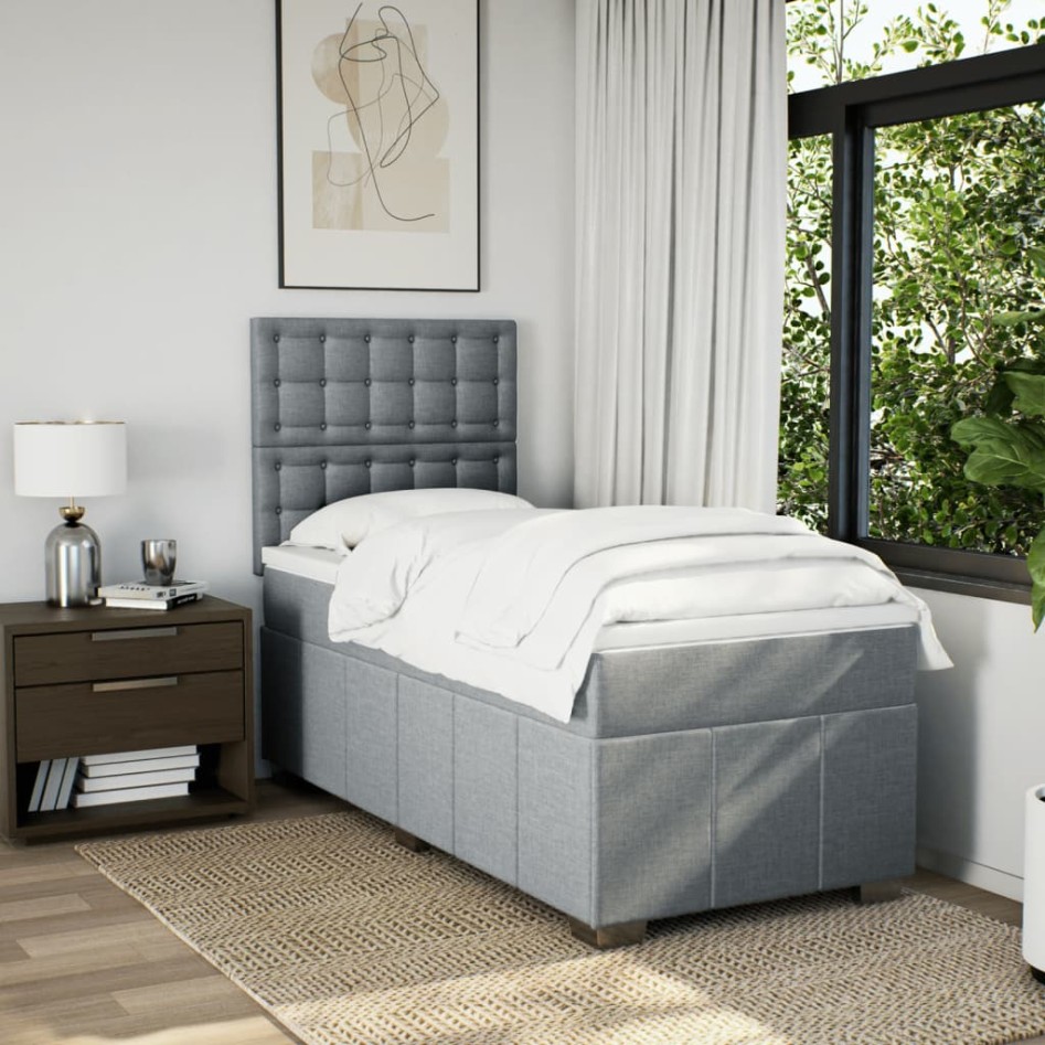Cama box spring con colchón tela gris claro 90x190