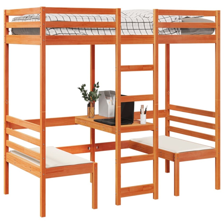 Cama alta escritorio y estantes madera maciza marrón 90x200