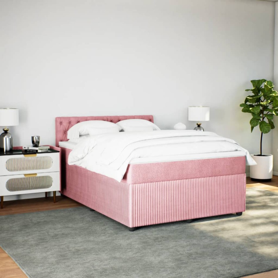 Cama box spring con colchón terciopelo rosa 140x200