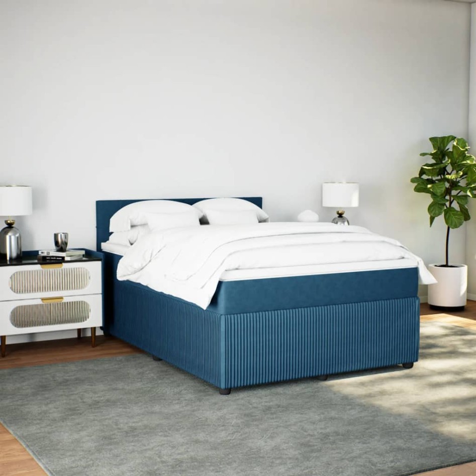 Cama box spring con colchón terciopelo azul 140x200