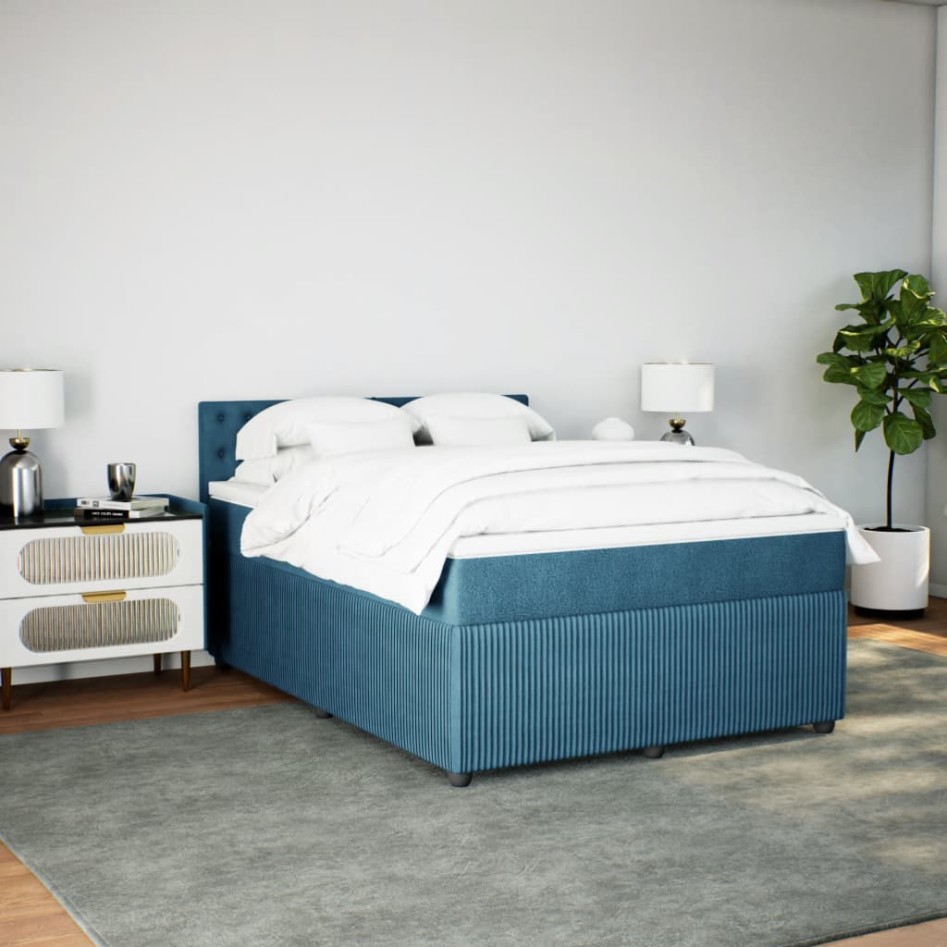 Cama box spring con colchón terciopelo azul 140x200