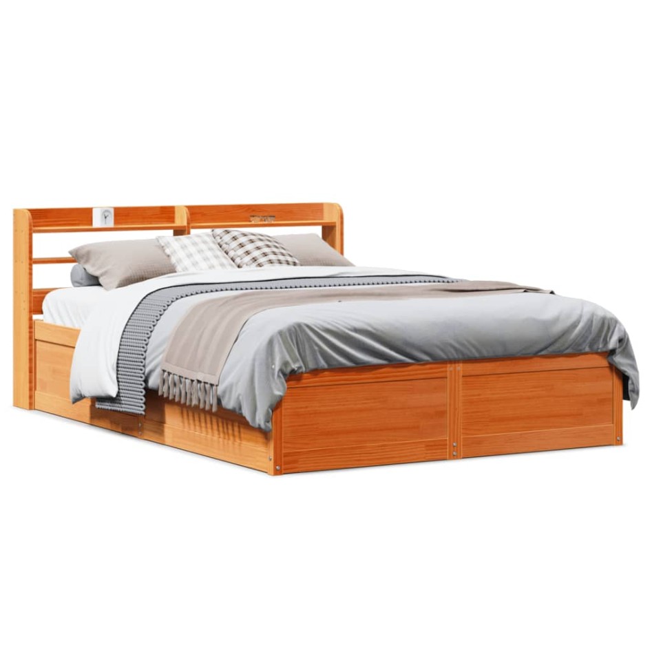 Estructura cama con cabecero madera pino marrón cera 160x200