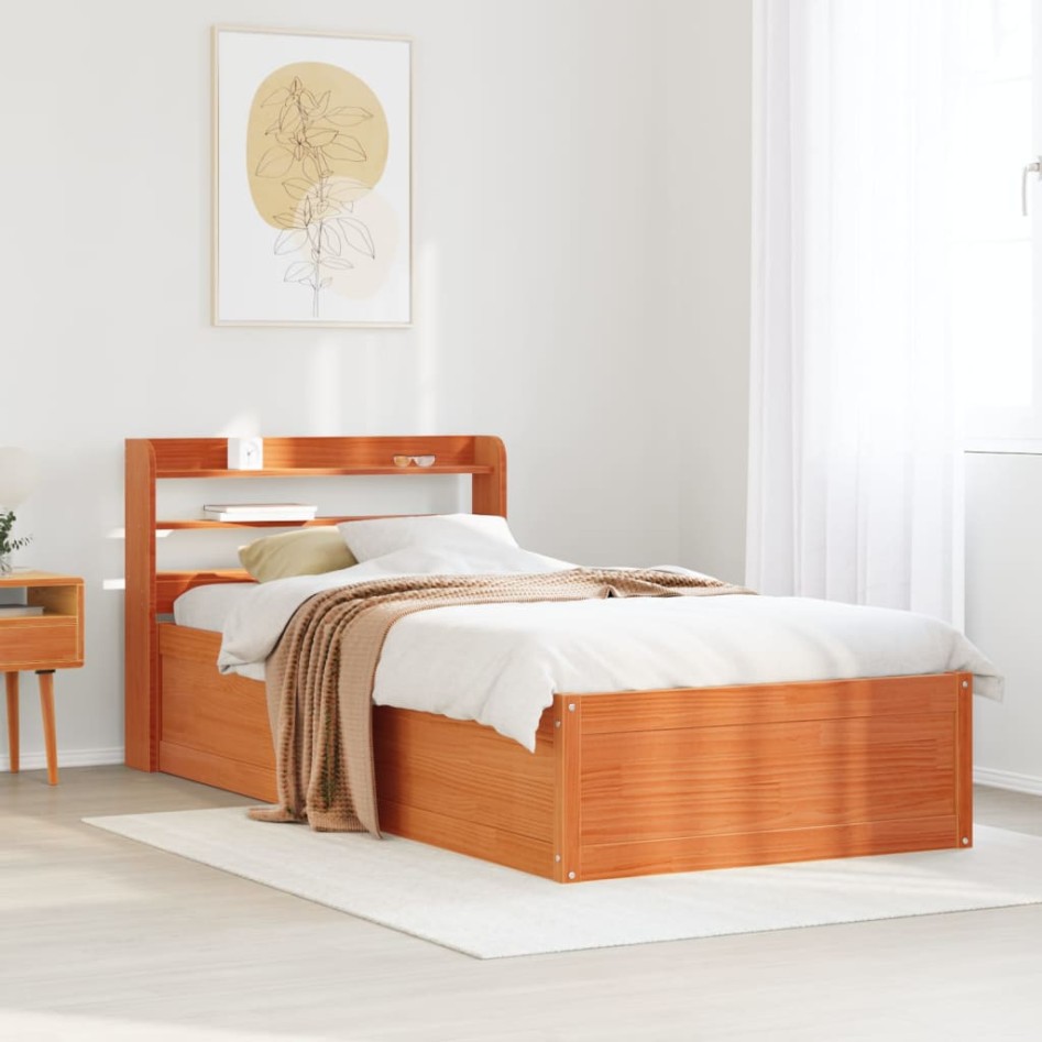 Estructura cama con cabecero madera pino marrón cera 100x200