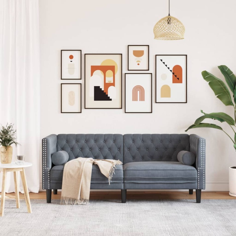 Sofá Chesterfield 2 plazas con cojines terciopelo gris