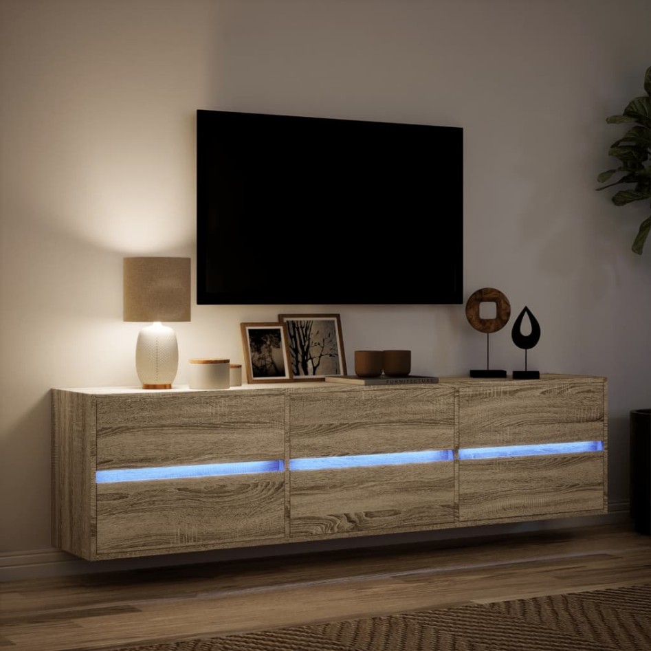 Mueble de TV de pared con LED roble Sonoma 180x31x45