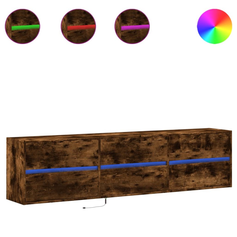 Mueble de TV de pared con LED roble ahumado 180x31x45