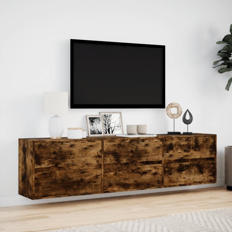 Mueble de TV de pared con LED roble ahumado 180x31x45
