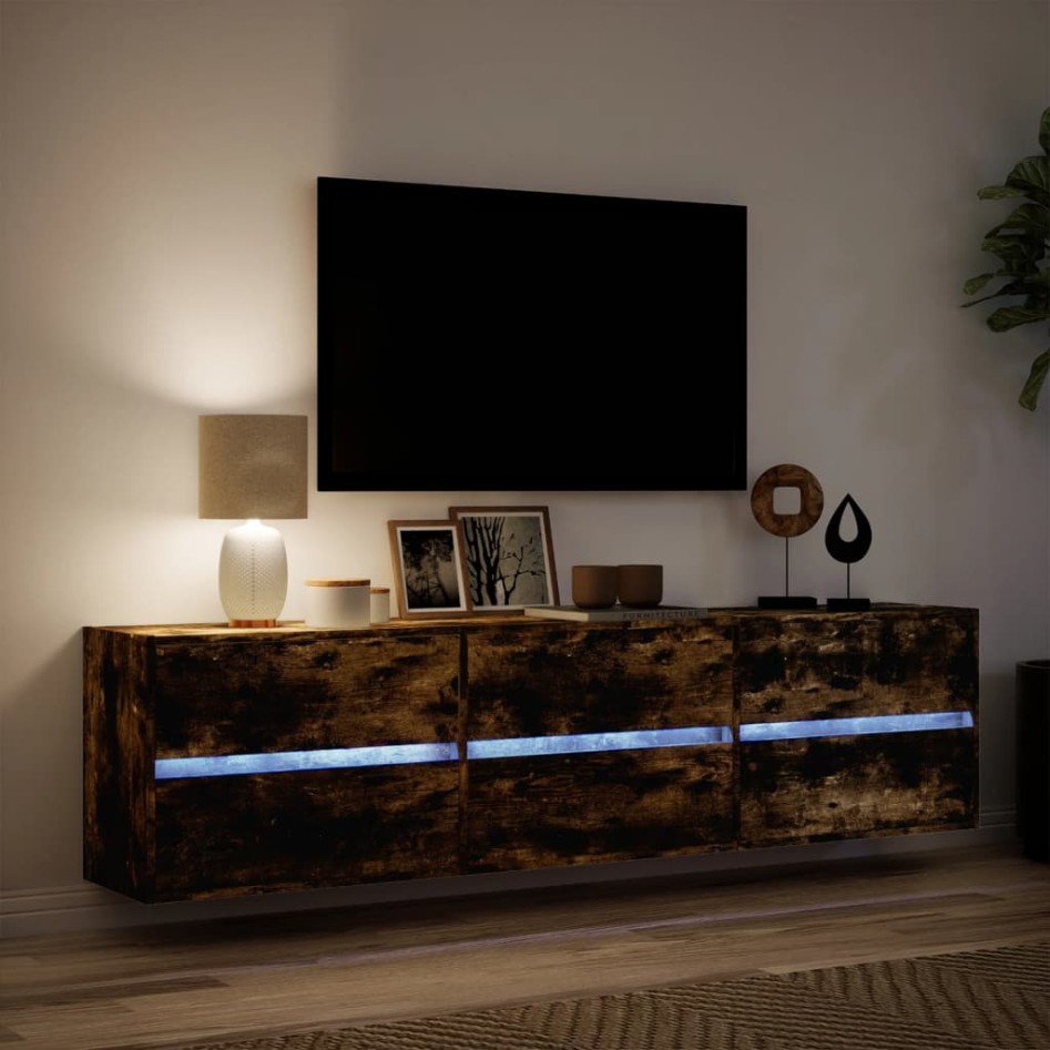 Mueble de TV de pared con LED roble ahumado 180x31x45