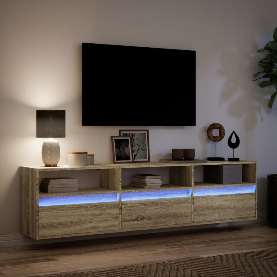 Mueble de TV de pared con LED roble Sonoma 180x31x45