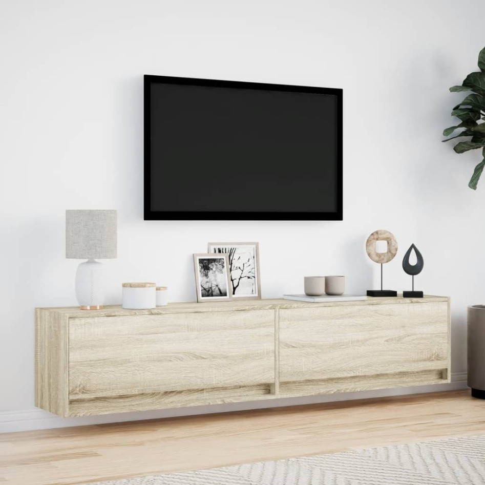 Mueble de TV de pared con LED roble Sonoma 180x31x38
