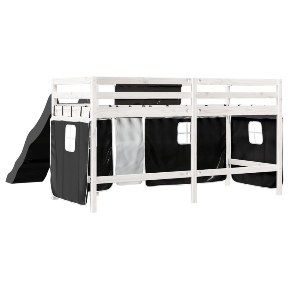 Cama alta niños con cortinas madera pino blanco negro 80x200