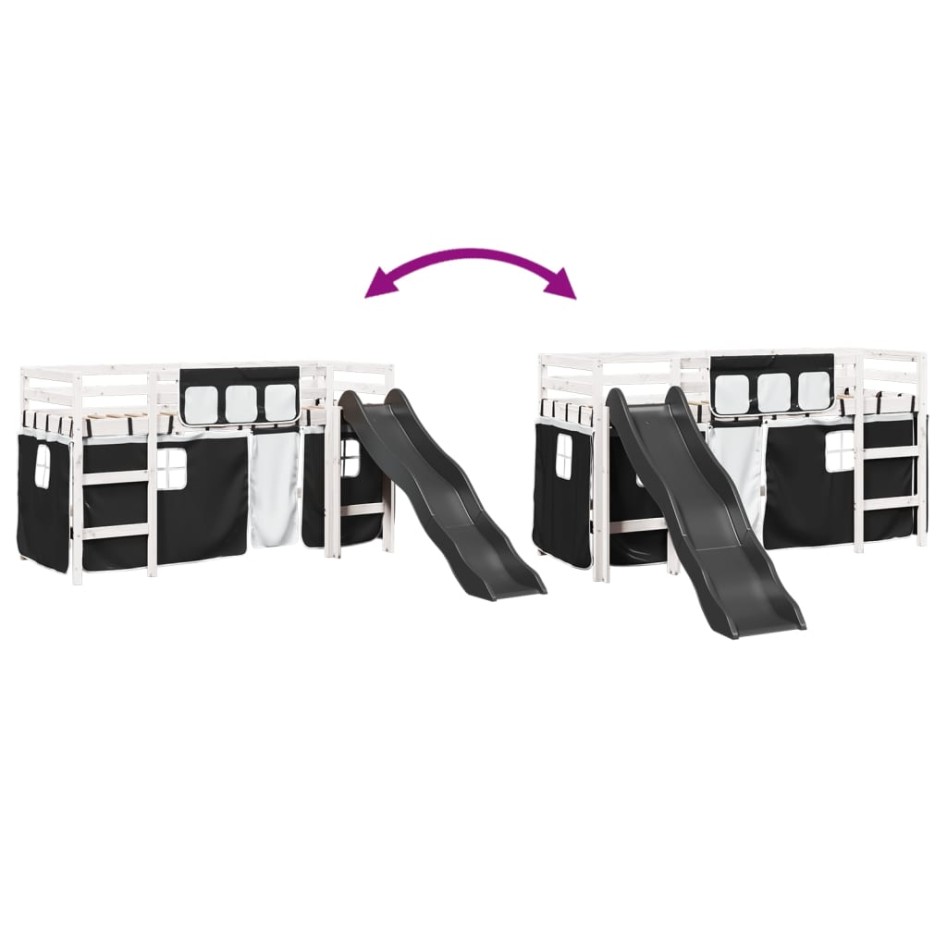 Cama alta niños con cortinas madera pino blanco negro 80x200