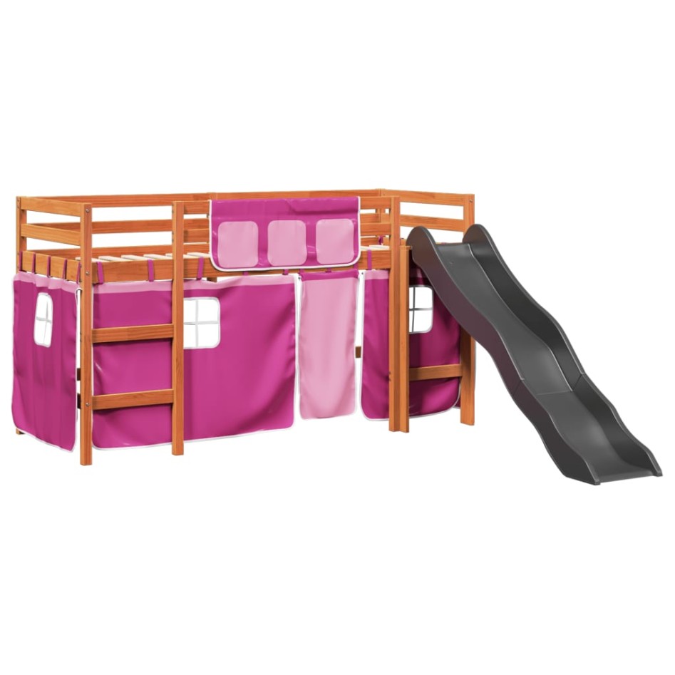 Cama alta para niños con cortinas madera pino rosa 90x200