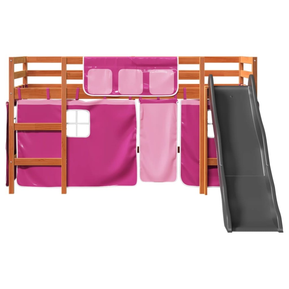 Cama alta para niños con cortinas madera pino rosa 90x200