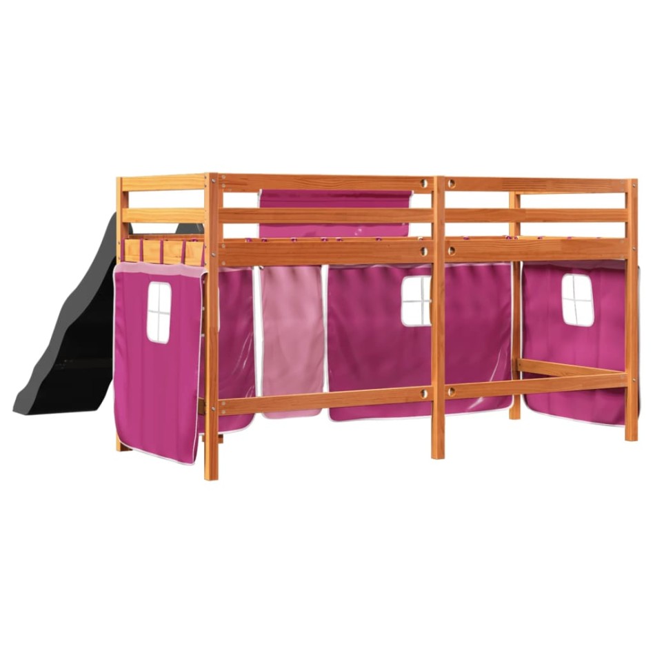 Cama alta para niños con cortinas madera pino rosa 90x200