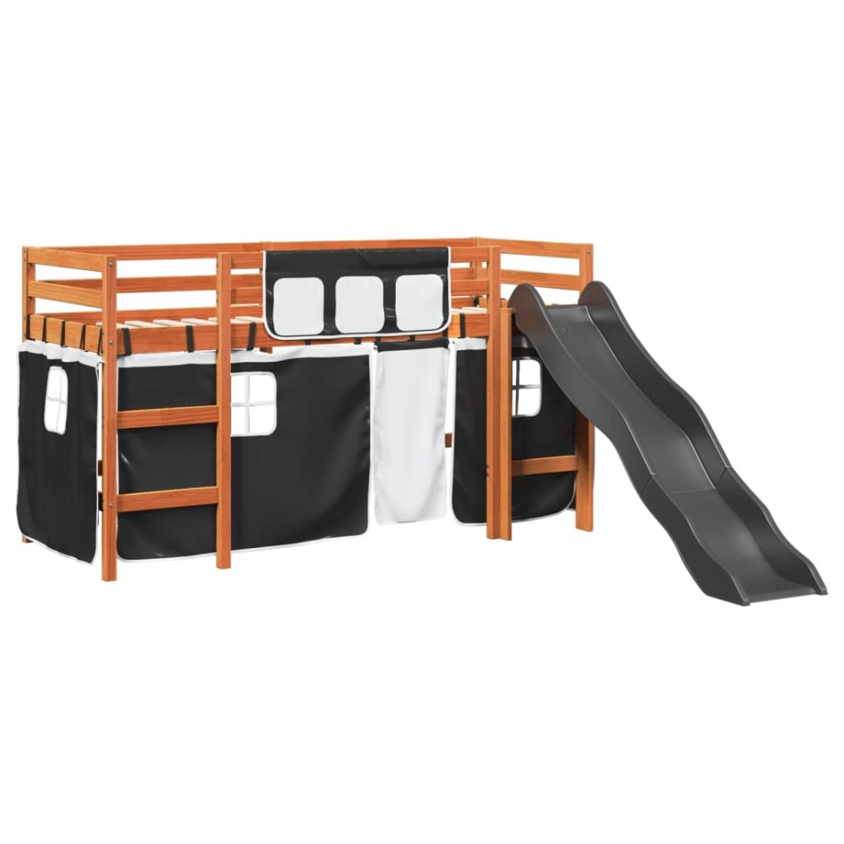 Cama alta niños con cortinas madera pino blanco negro 90x200