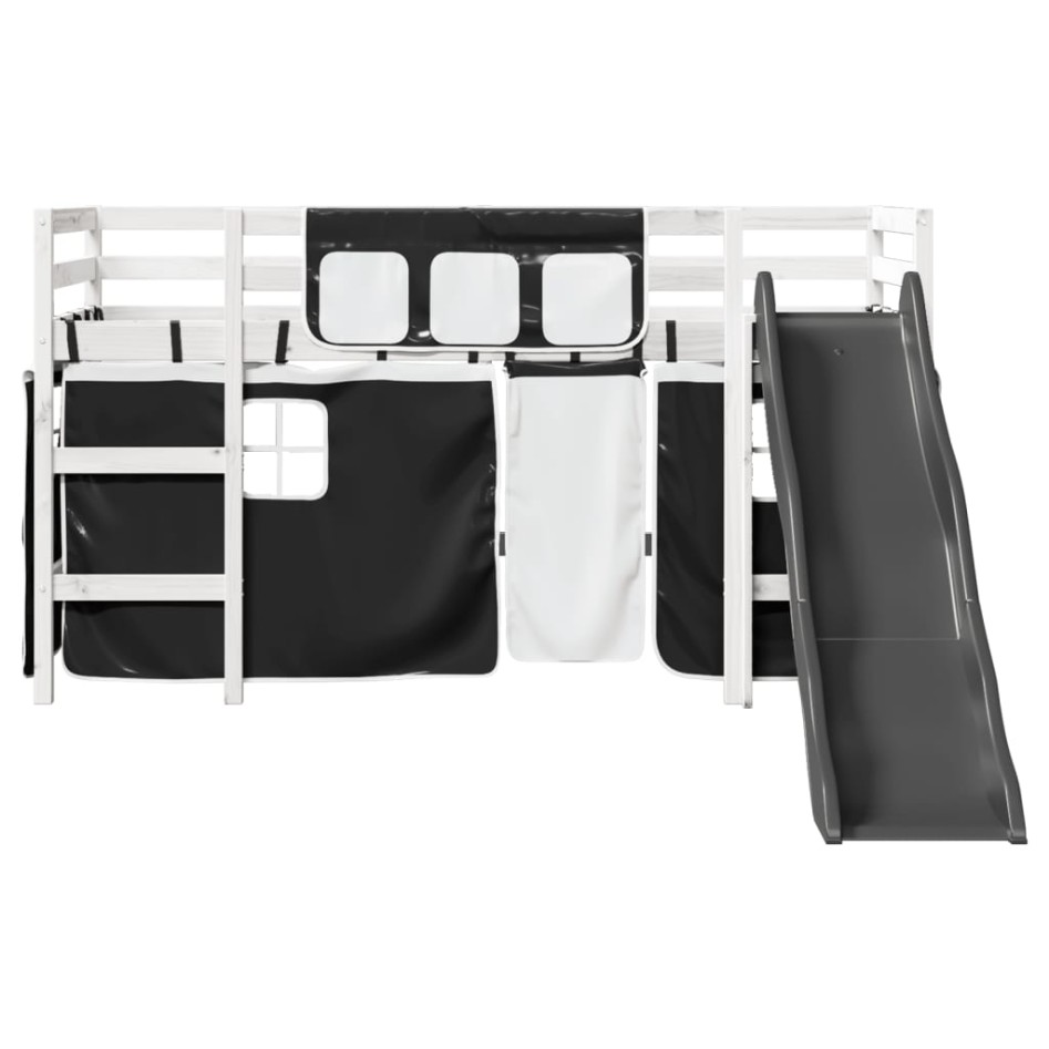 Cama alta niños con cortinas madera pino blanco negro 90x200