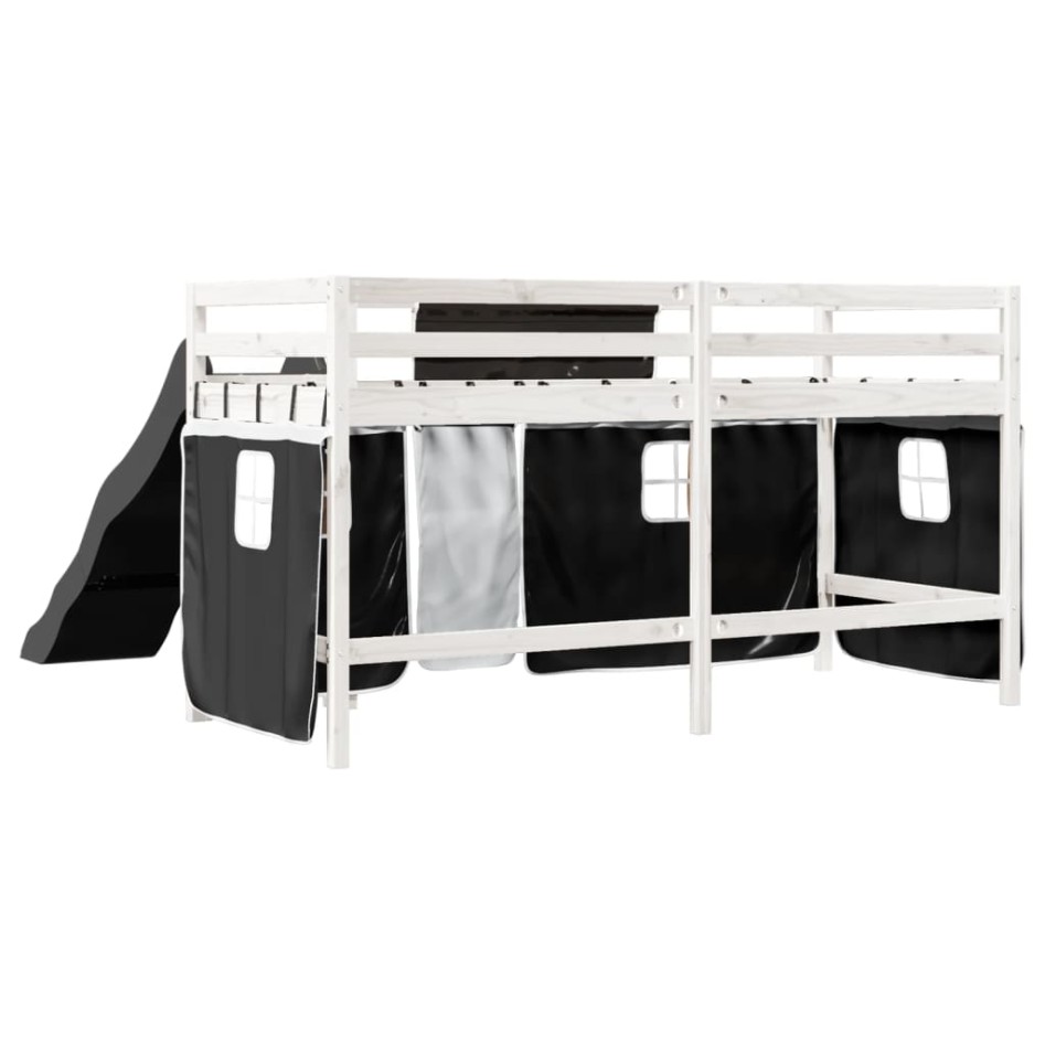 Cama alta niños con cortinas madera pino blanco negro 90x200
