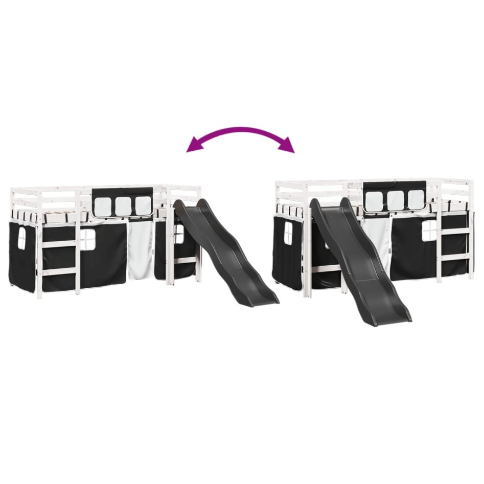 Cama alta niños con cortinas madera pino blanco negro 90x200