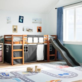 Cama alta niños con cortinas madera pino blanco negro 90x190