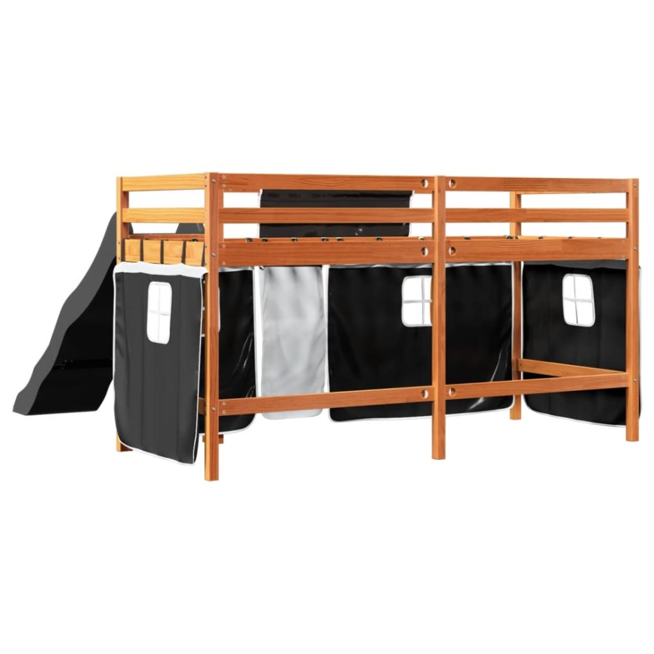 Cama alta niños con cortinas madera pino blanco negro 90x190