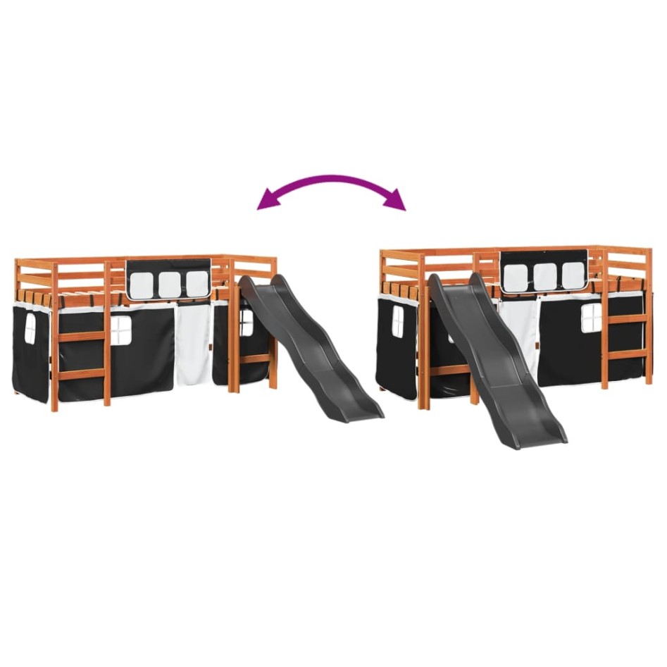 Cama alta niños con cortinas madera pino blanco negro 90x190