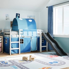 Cama alta para niños con túnel madera pino azul 90x200