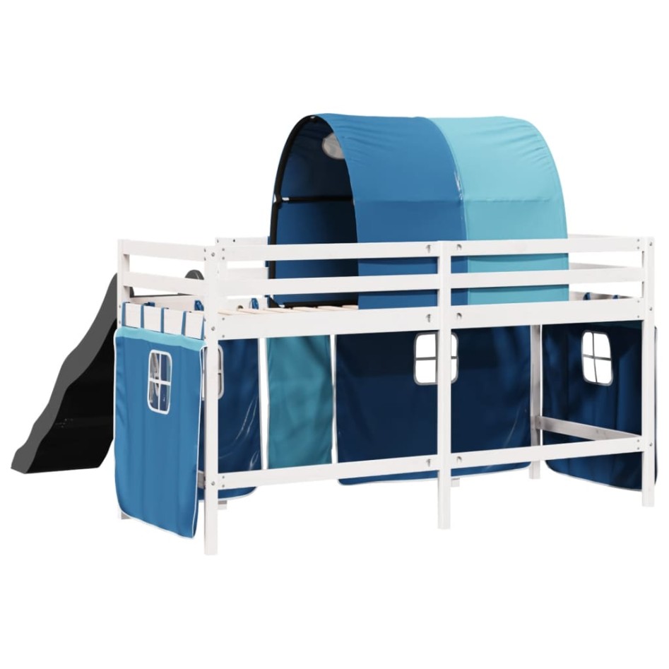 Cama alta para niños con túnel madera pino azul 90x200