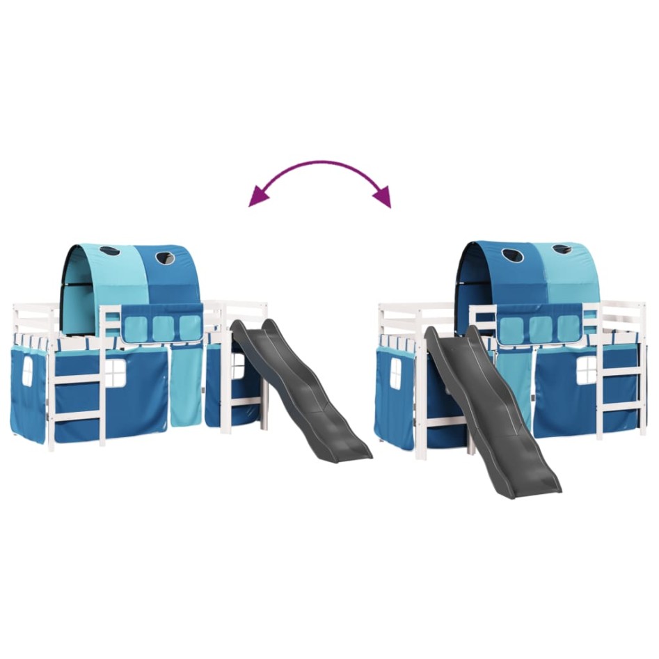 Cama alta para niños con túnel madera pino azul 90x200