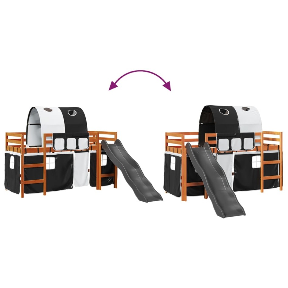 Cama alta niños con túnel madera pino blanco negro 90x200