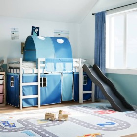Cama alta para niños con túnel madera pino azul 80x200