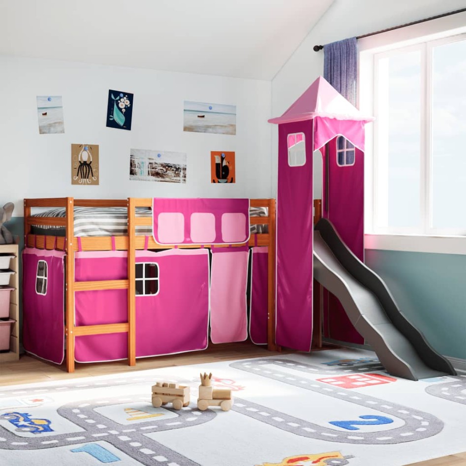 Cama alta para niños con torre madera pino rosa 90x190