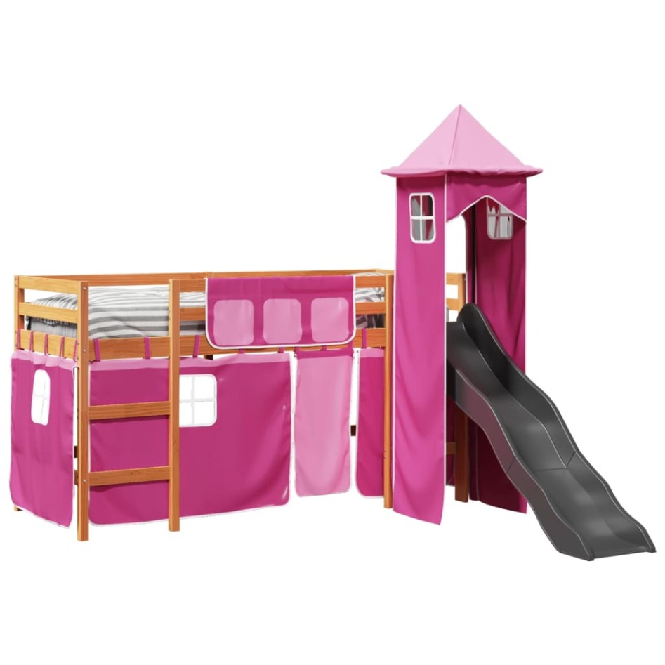 Cama alta para niños con torre madera pino rosa 90x190